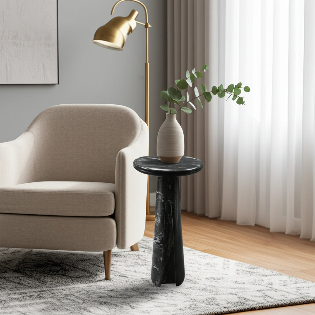 End Table, Side Table, or Small Night Stand - Slim Metal Drink Table with Sturdy Marble Top and Base Ideal for Small Spaces - Chic Accent Table for Living Room, Bedroom, and Office - 24" Black & Gold
