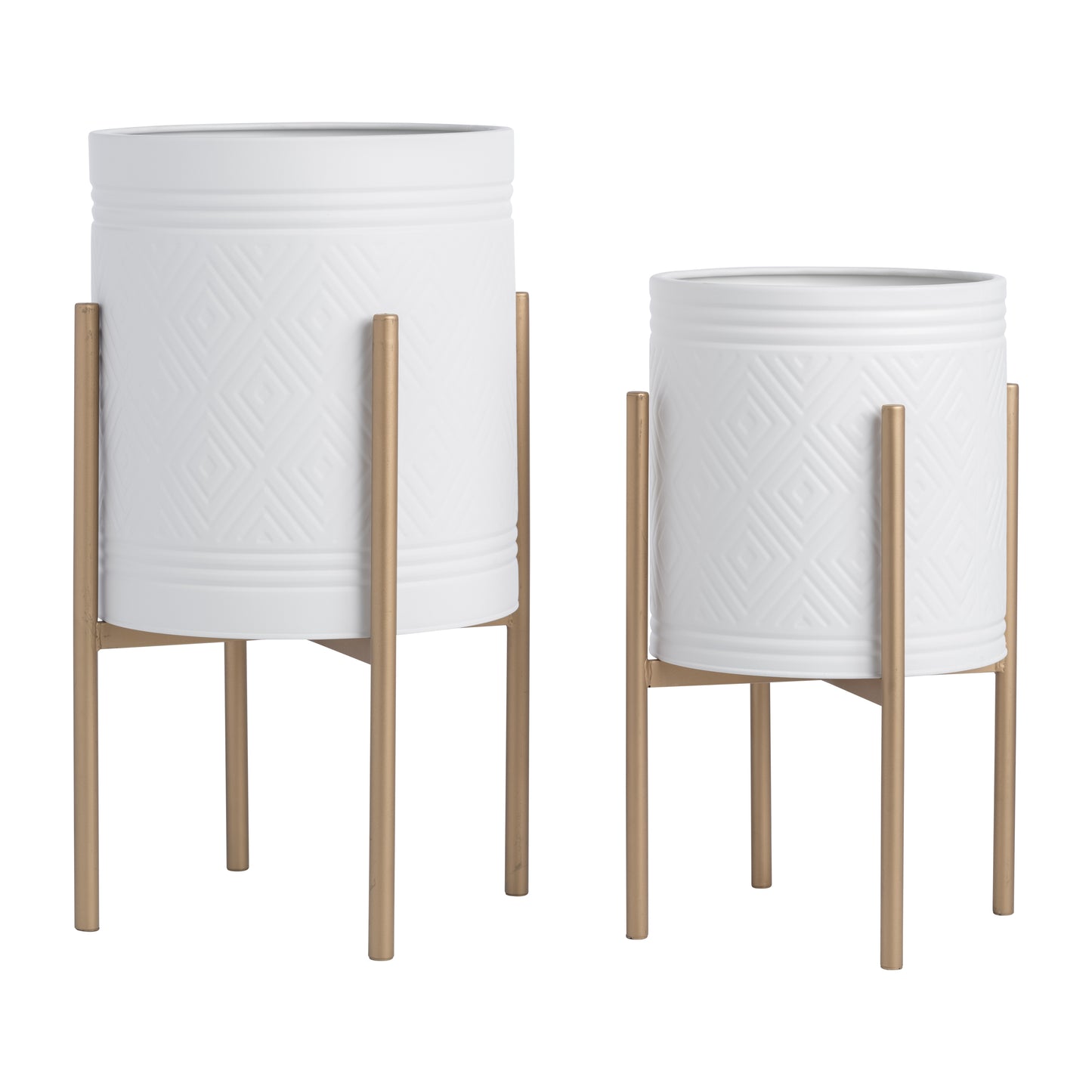Ness & Jord Indoor Outdoor Aztec Planters on Metal Stand, Set of 2, White and Gold, 14 L x 14 W x 23 H"