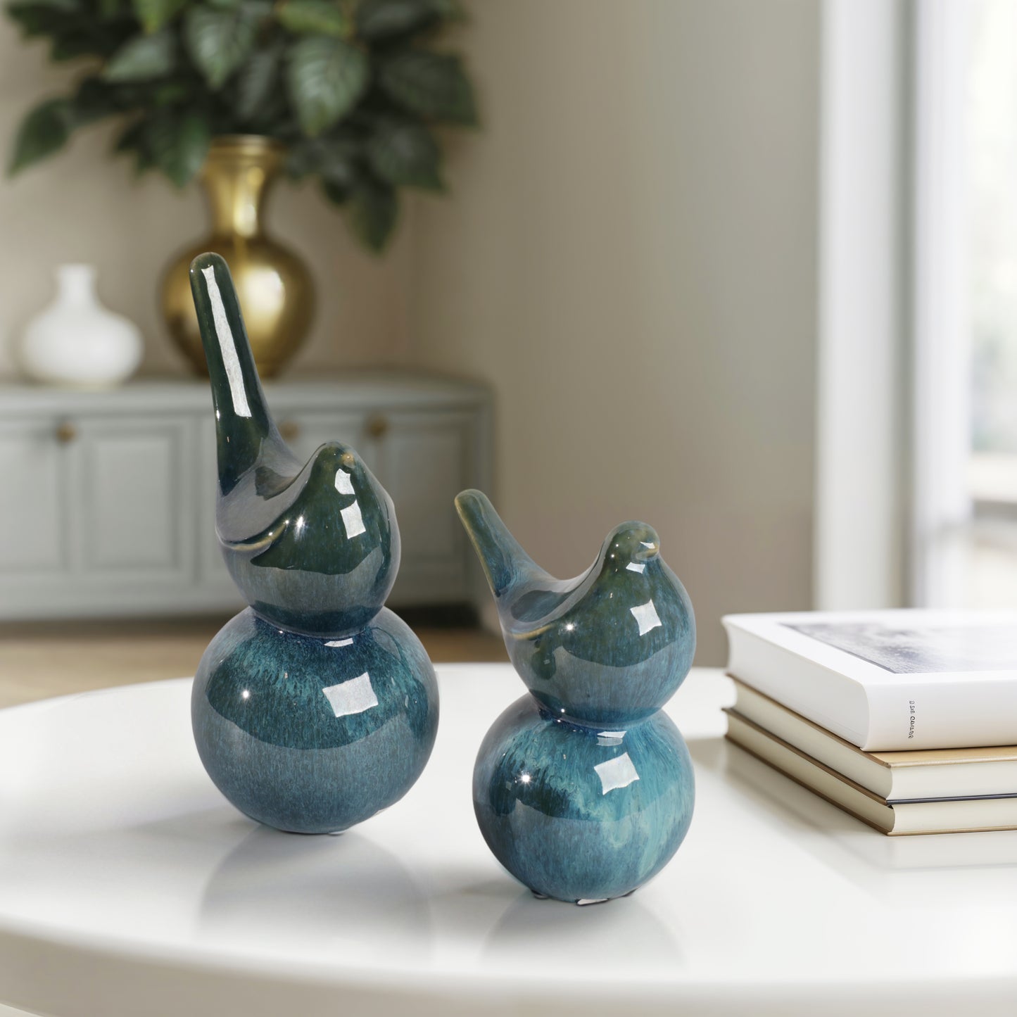 Decorative Objects Ceramic Ceramic Bird Sculptures Modern Glam for Home Office Living Room Set of 2 - 9", 7" Blue