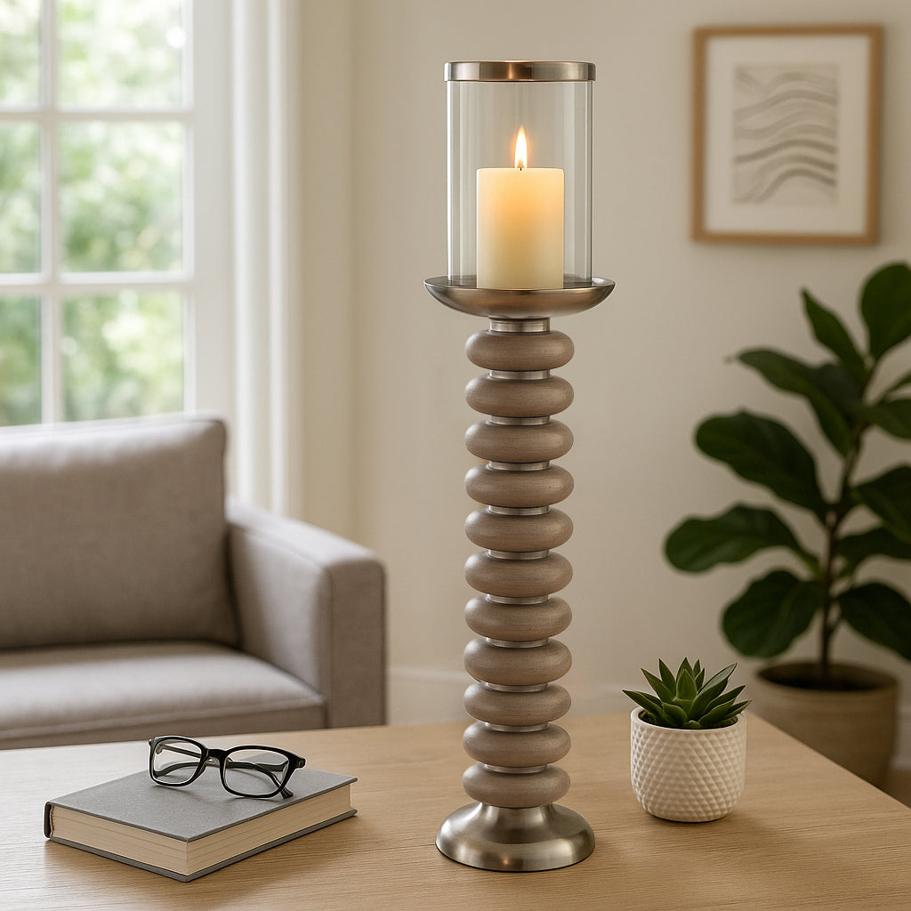 Decorative Candle Holder with Wood Ring Base Accent - Perfect Pillar Candlestick Holder Centerpieces for Table, Entryway, or Bedroom Decor - Elegant Home Decor Candle Stand Holder - 25" Tan & Gray