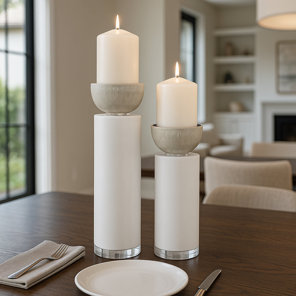 Elegant Pillar Candle Holders for Home Decor - Modern Candlestick Holders for Dining Table Centerpieces, Entryway, or Console - Decorative Candle Stand Holders for Shelf Set of 2 - 13", 11" White