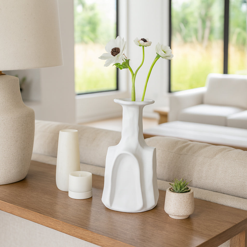 Ceramic Flower Vase for Living Room Decor – Unique Tall Decorative Vase with Artistic Curved Design for Fresh Flowers and Pampas Grass – Elegant Home Decor for Bedroom, Table, and Office – 13" White