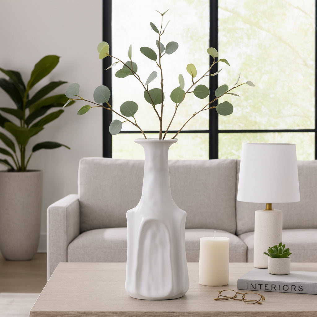 Ceramic Flower Vase for Living Room Decor – Unique Tall Decorative Vase with Artistic Curved Design for Fresh Flowers and Pampas Grass – Elegant Home Decor for Bedroom, Table, and Office – 18" White