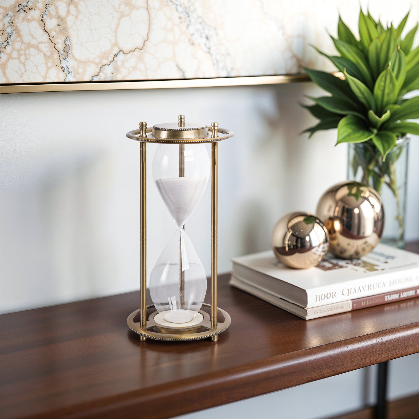 Modern Decorative Object with Metal Aluminum Frame and Glass Hourglass Design for Contemporary Display