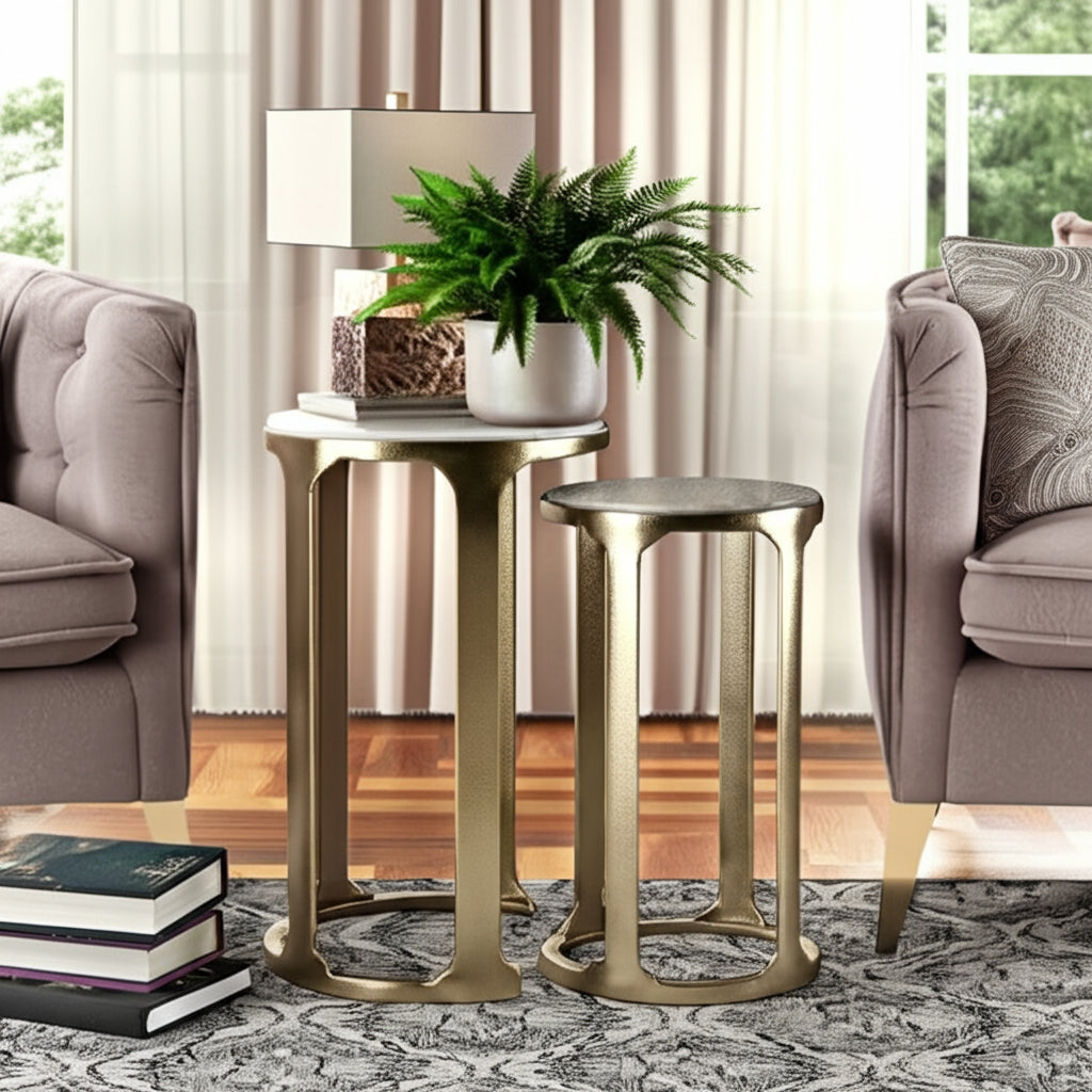 End Tables, Side Tables, or Small Night Stands - Elegant Round Marble Tops with Metallic Finish Big or Small Spaces - Chic Accent Tables for Living Room or Bedroom Set of 2 - 22", 21" Gold & White
