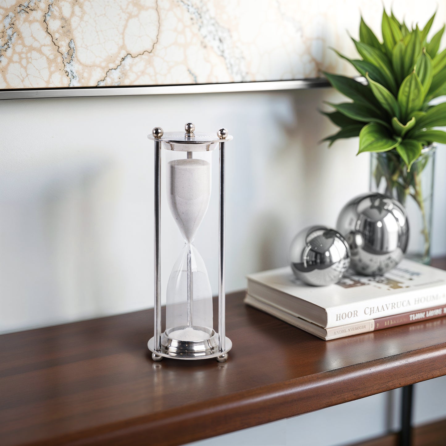 Decorative Hourglass Object Metal Glass Aluminum Modern Sand Timer Design Metallic Finish Home Office Bedroom Living Room Decor - 11" Silver