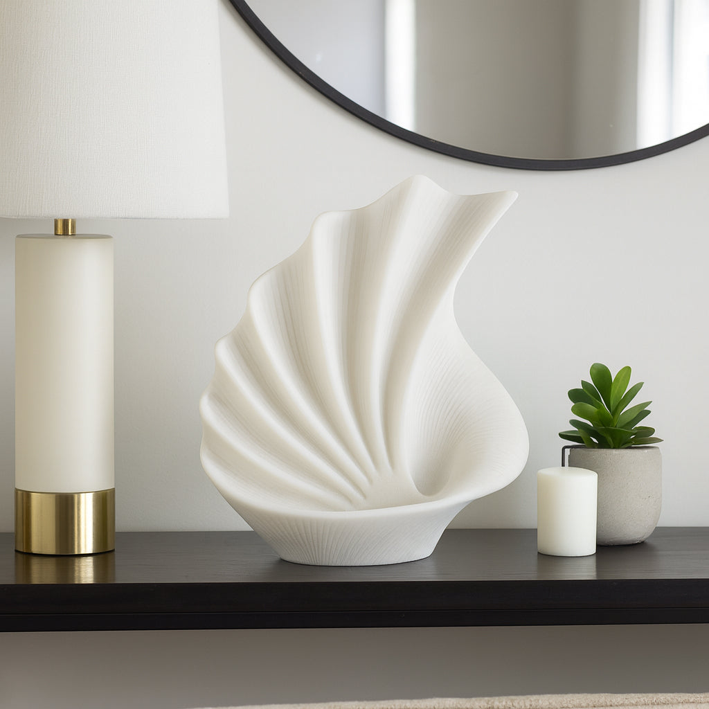 Home and Office Ornament for Living Room Decor – Elegant Polyresin Sculpture with Flowing Curved Shell Design – Coastal-Inspired Home Accent Statue for Bedroom, Bathroom, or Shelf Decor – 16" White