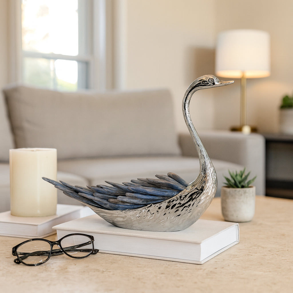 Home and Office Decorative Statue – Elegant Metal Swan Sculpture with Crystal Feather for Living Room, Bathroom, or Coffee Table Decor – Ornament That Adds Serenity to Any Room – 6" Blue & Silver