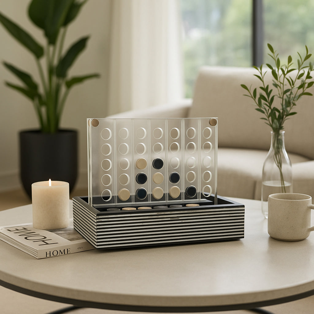 Modern Connect 4 Game Striped Box Design Iron MDF Resin Contemporary Style Home Office Decor Accent - 8" Black