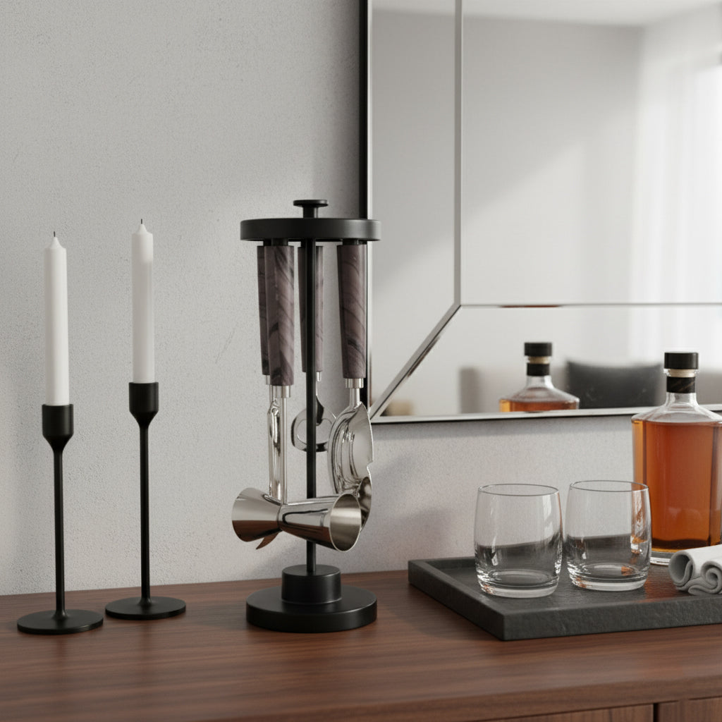 Decorative Bar Tool Set with Stand for Home Decor - Elegant Cocktail Bar Accessories for Dining Room or Kitchen Counter - Set of 5, 13"