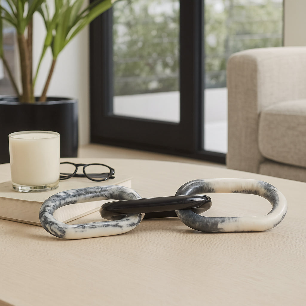 Home Decor Object for Shelf Display – Modern Marble Chain Link Sculpture for Office, Bathroom, or Living Room Accent – Ornament for Your Coffee Table That Steals the Spotlight– 1" Black & White