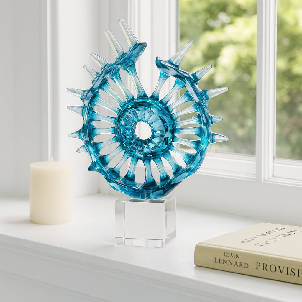 Home and Office Decorative Statue – Polyresin Glass Spiral Sculpture for Living Room, Shelf, or Coffee Table Decor – Ornament for Bathroom That Add Coastal Elegance to Modern Spaces – 15" Blue & Clear