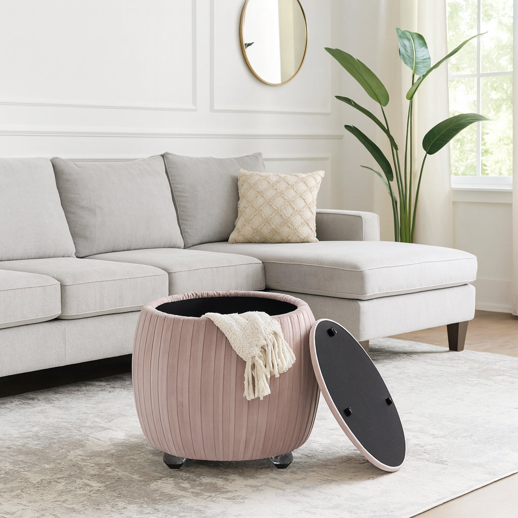 Home Decor Vanity Chair – Stylish Pink Ottoman with Storage – Bedroom Stool and Foot Rest Ottoman – Upholstered Seat with Hidden Storage for Modern or Classic Décor Living Room Furniture – 18", Pink