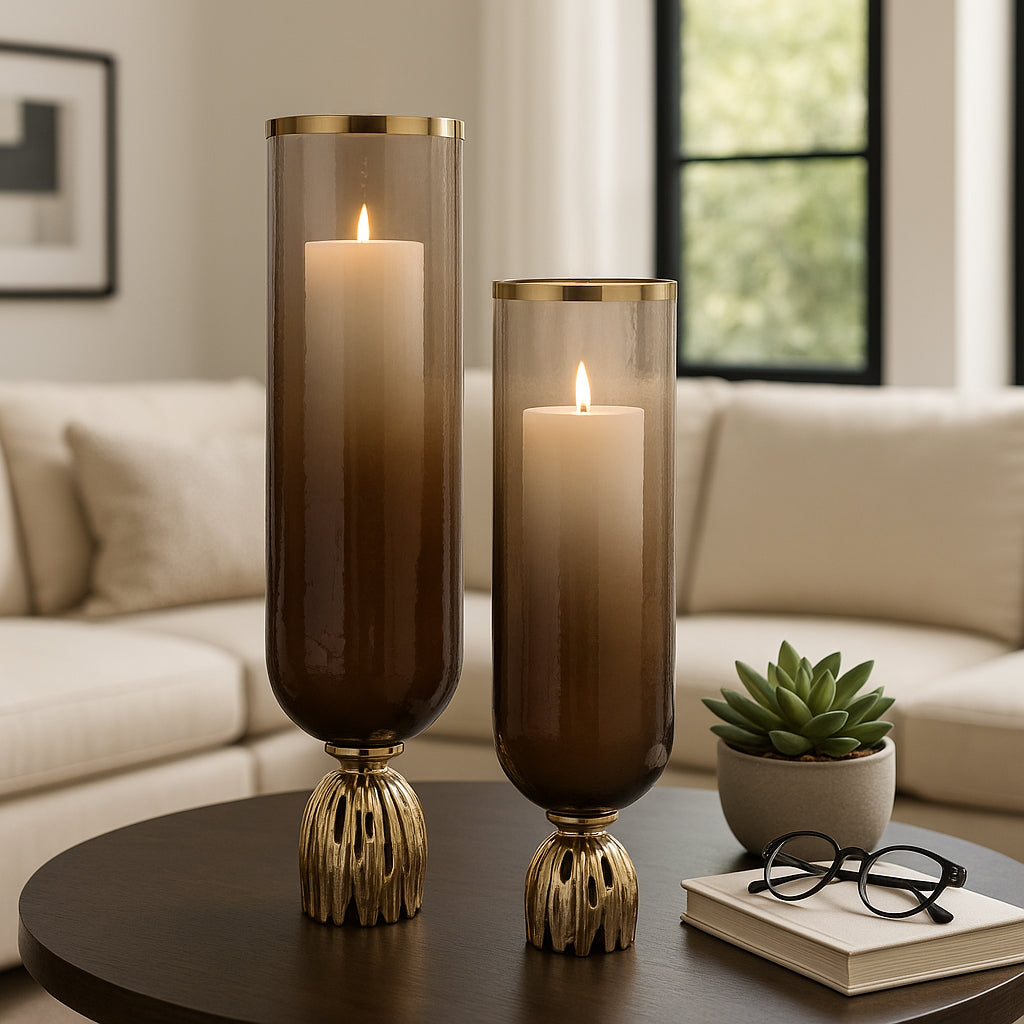 Elegant Glass Hurricane Candle Holders with Abstract Base - Decorative Candle Holder for Pillar or Taper Candles - Centerpieces for Tables, Dining Room, and Home Decor Set of 2 - 23", 20" Brown & Gold