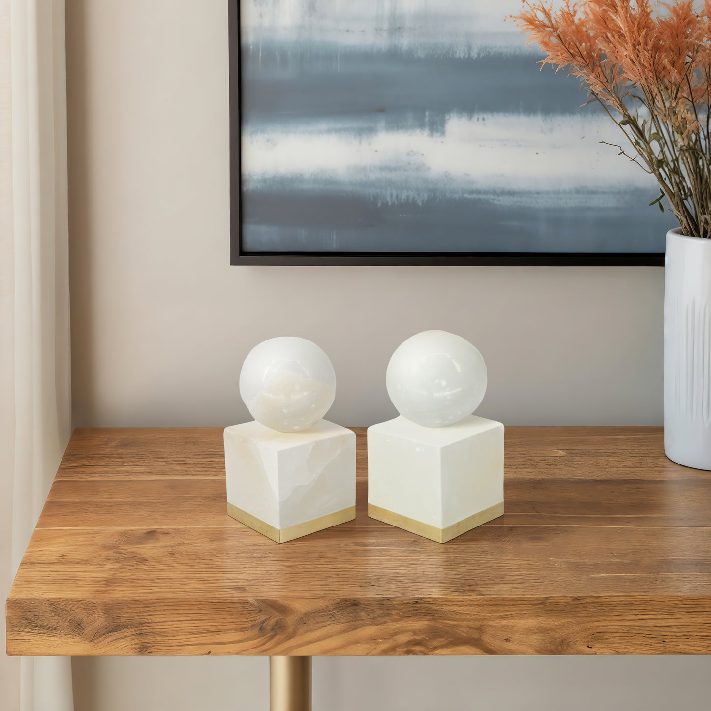 Decorative Objects Stone Marble with Metal Trim Modern Glam Style for Home Office Bedroom Living Room Display Set of 2 - 6" White