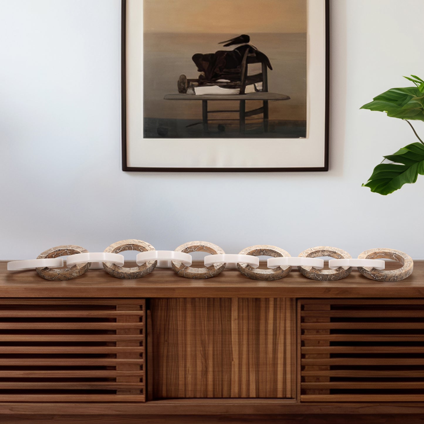 Wood and Resin Decorative Chain Sculpture with Carved Links and Modern Artistic Design for Contemporary Display Accents and Unique Home or Office Shelf Decor Statement Piece