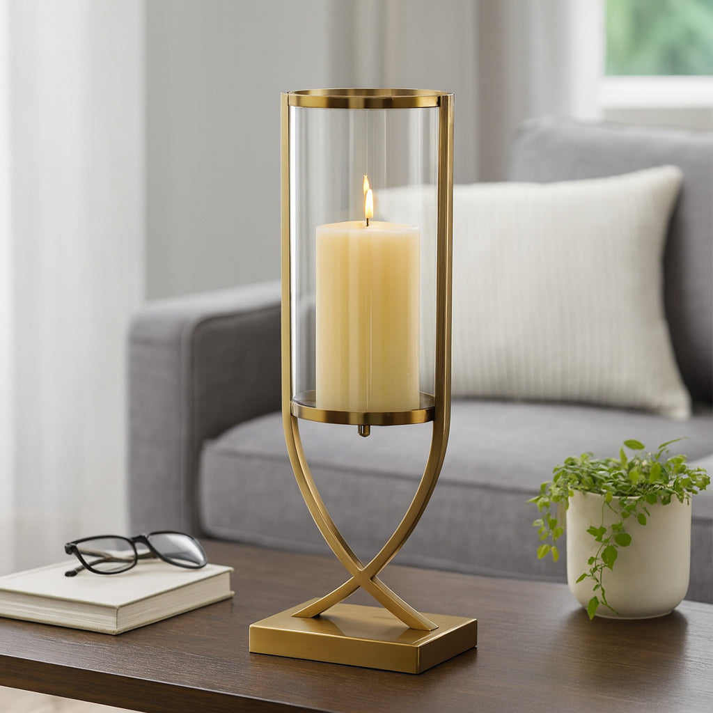 Contemporary Metal and Glass Hurricane Candle Holder - Decorative Pillar Candlestick Holder for Table Centerpiece - Elegant Home Decor Accents for Any Special Occasion Decoration - 23" Gold