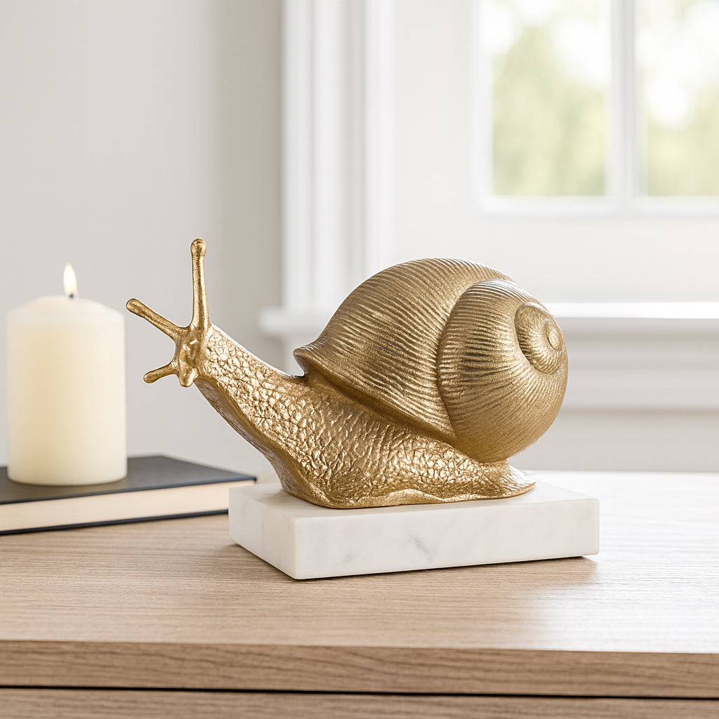Modern Home and Office Decorative Statue – Aluminum Snail Sculpture on Marble Base Perfect for Your Coffee Table, Living Room, or Kitchen Decor – Elegant Ornament for Bathroom Accent – 7" Gold & White