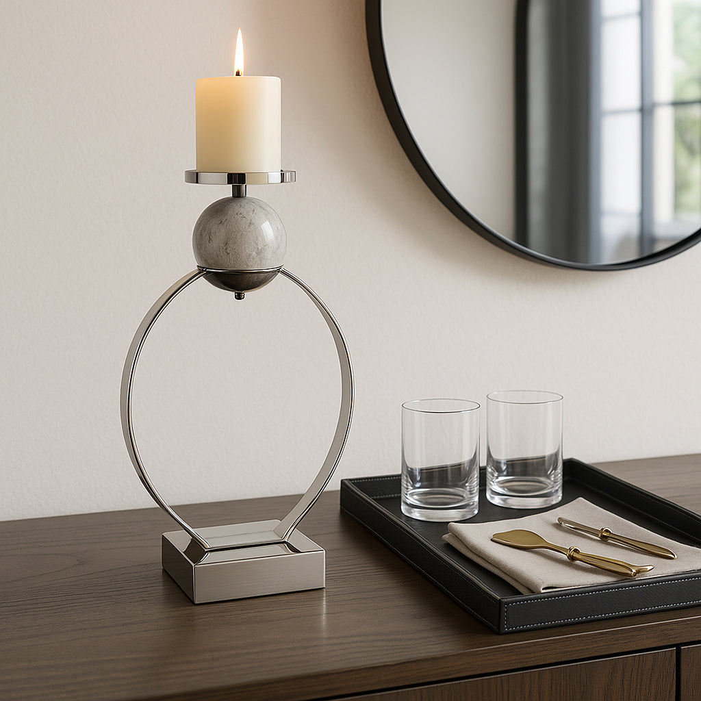 Sculptural Candle Holder with Marble Sphere Accent - Elegant Pillar Candlestick Holder for Table Centerpiece or Entryway Table Decor - Decorative Home Decor Accent for Living Room Styling - 21" Silver