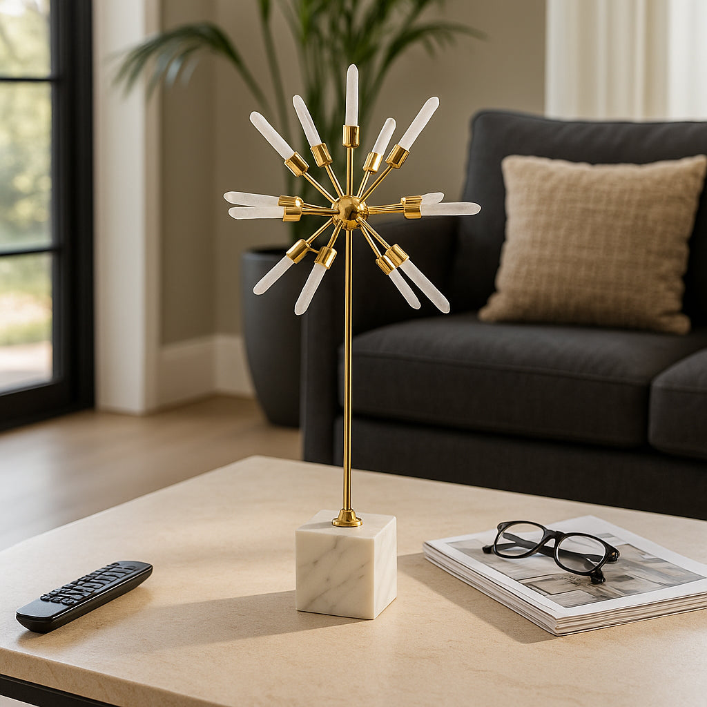 Decorative Crystal Starburst Statue with Base for Home Decor - Stylish Sculpture Object Perfect for Office, Tabletop Accent, or Living Room Decoration