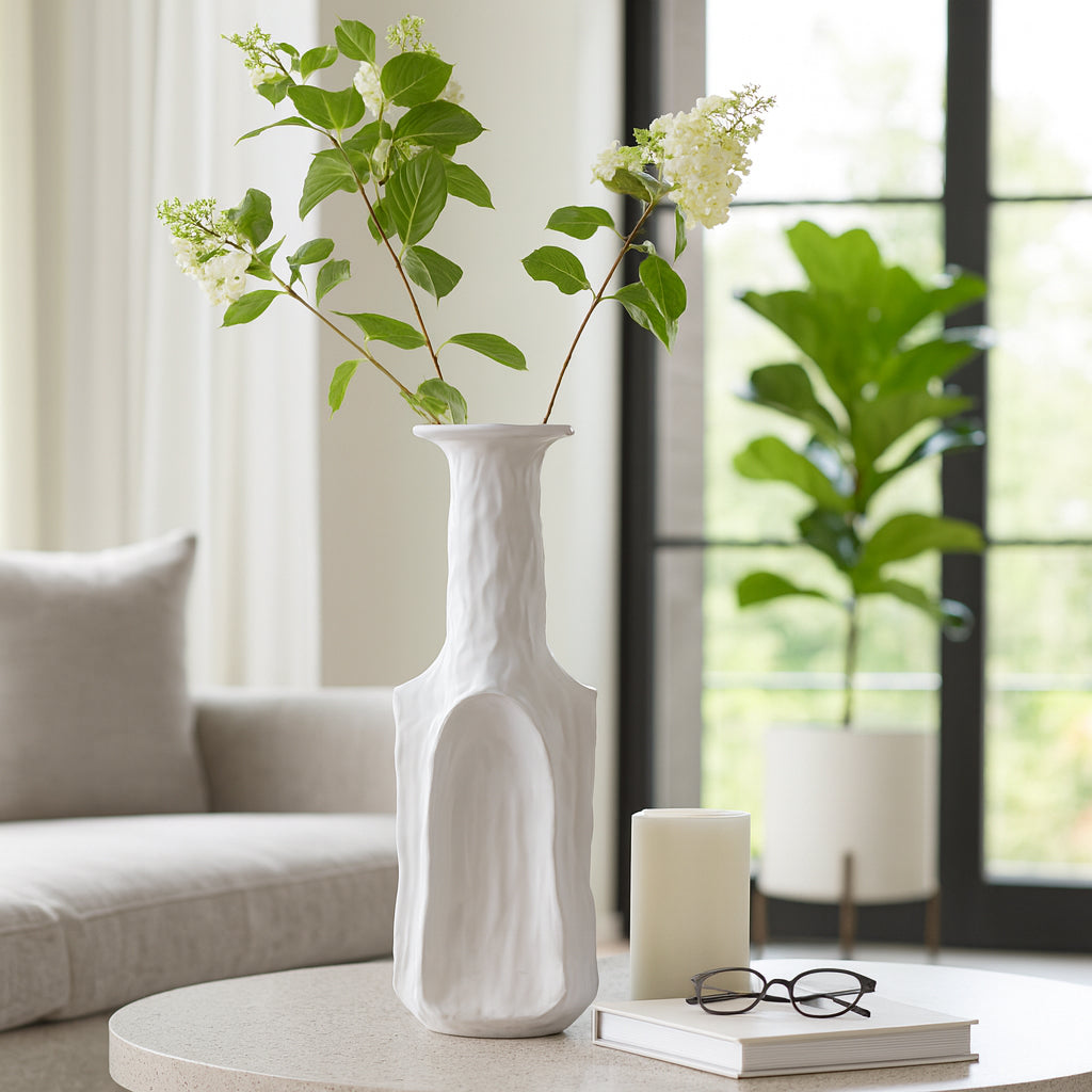 Ceramic Flower Vase for Living Room Decor – Unique Tall Decorative Vase with Artistic Curved Design for Fresh Flowers and Pampas Grass – Elegant Home Decor for Bedroom, Table, and Office – 22" White