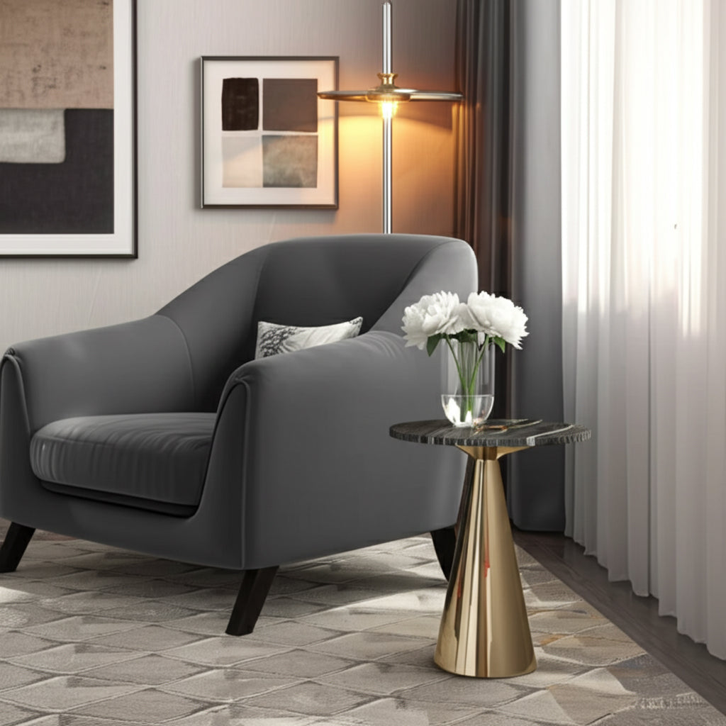 Home Decor End Table, Side Table, or Small Night Stand - Sleek Drink Table with Cone-Shaped Base and Marble Top for Office, Bedroom, or Living Room Decor - Perfect for Small Spaces - 22" Black & Gold