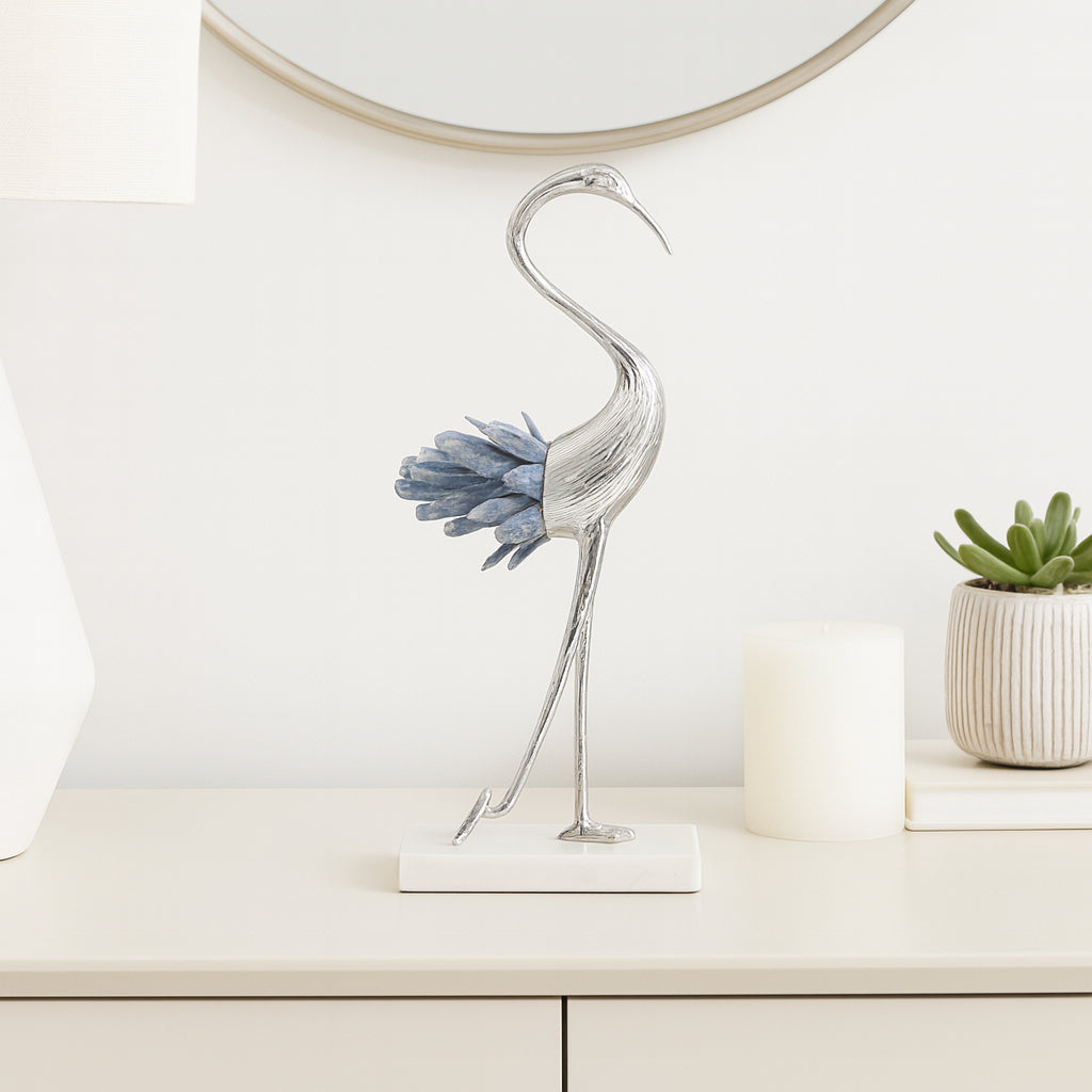 Decorative Home and Office Sculpture – Metal Crane Statue with Crystal Feathers for Living Room, Bathroom, or Coffee Table Decor – Modern Ornament That Brings Elegance to Any Space – 12" Blue & Silver