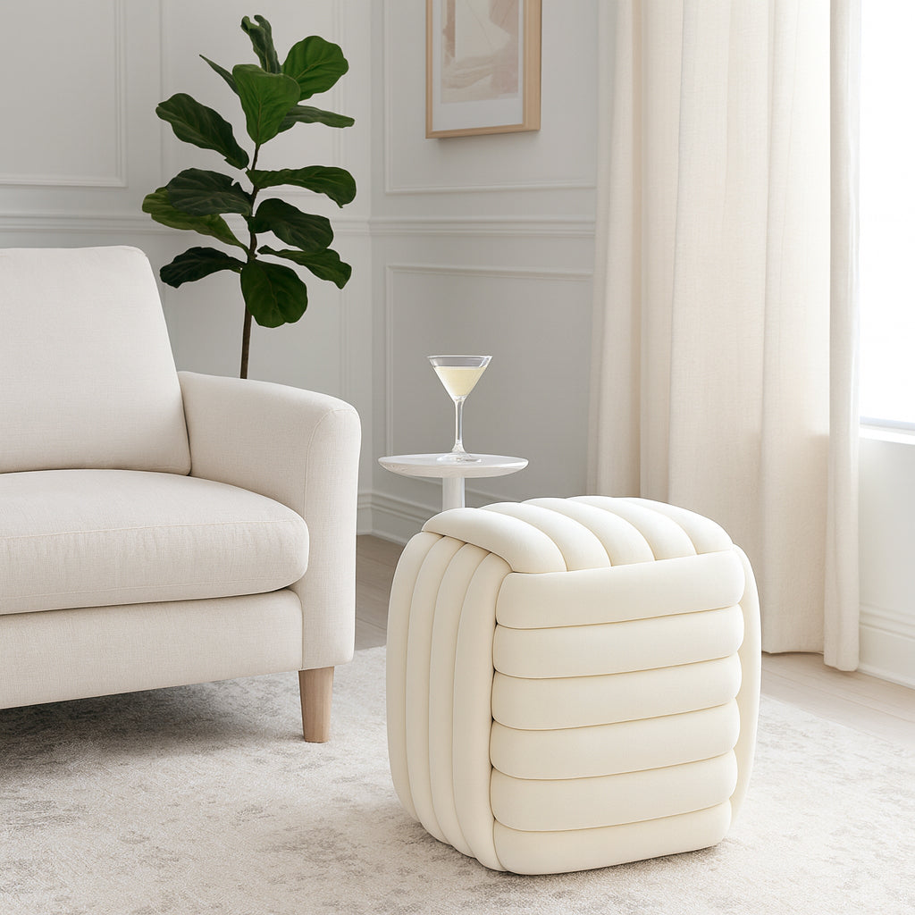 Home Decor Vanity Chair Ottoman – Bedroom Stool and Foot Rest Ottoman Display – Stylish Gray Upholstered Seat for Comfort Living Room Furniture and Modern or Traditional Home Décor - 19", Ivory