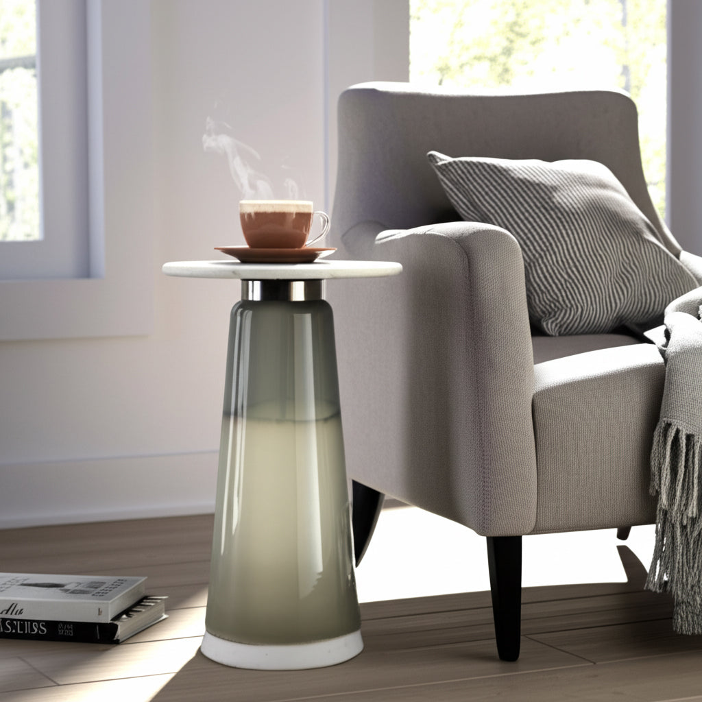 Home Decor Side Table, End Table, or Night Stand - Round Marble Accent Table with Gradient Frosted Glass Base for Office, Living Room, Bedroom Decor - Minimal Form Perfect for Small Spaces - 22" Green