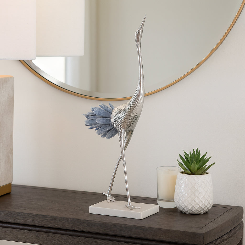Decorative Home and Office Sculpture – Metal Crane Statue with Crystal Feathers for Living Room, Bathroom, or Coffee Table Decor – Modern Ornament That Brings Elegance to Any Space – 14" Blue & Silver