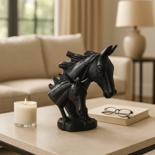 Double Horse Head Sculpture for Home or Living Room Decor - Equestrian Statue Perfect for Bathroom, Office, and Office Decor - Decorative Ornaments for Shelf or Coffee Table Decor Accents - 10", Black