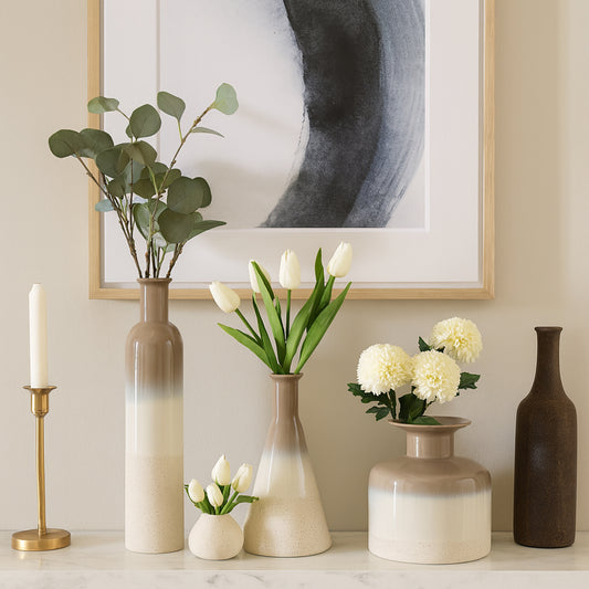 Ceramic Flower Vases for Living Room Decor – Contemporary Vases with Ombre Finish for Home and Office Centerpiece – Ideal for Bedroom, Living Room, and Table Decor Set of 3 – 21", 16", 11" Ivory & Tan