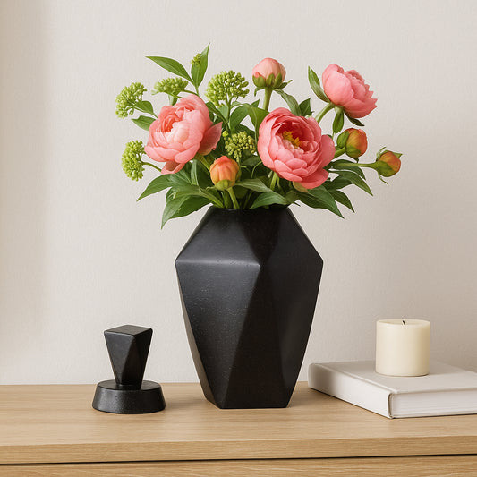 Decorative Sculptural Ceramic Jar with Lid for Living Room Decor - Elegant Home Accent for Bedroom, Office Desk, or Console Table Decor - Versatile Flower Vase for House Decoration - 19" Black