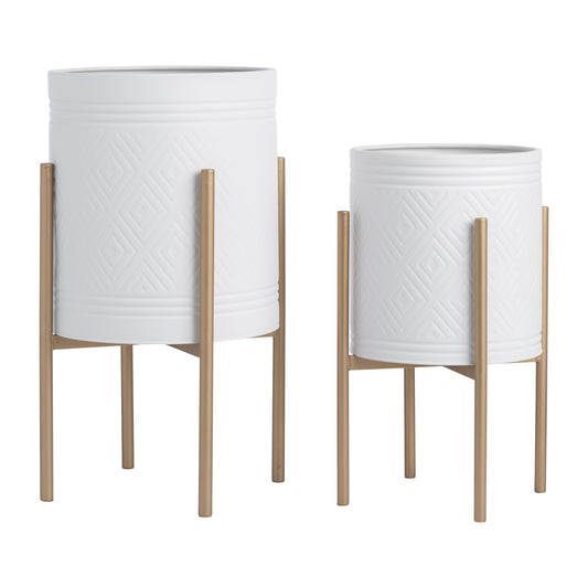 Ness & Jord Indoor Outdoor Aztec Planters on Metal Stand, Set of 2, White and Gold, 14 L x 14 W x 23 H"