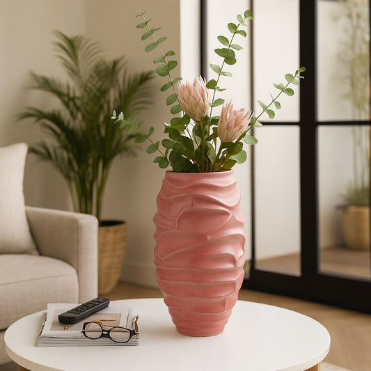 Modern Textured Vase with Woven Pattern for Living Room Decor - Contemporary Decorative Flower Vase for Bedroom, Home Accent, and Office - Sculptural Accent for Console Table or House Decor - 18" Red