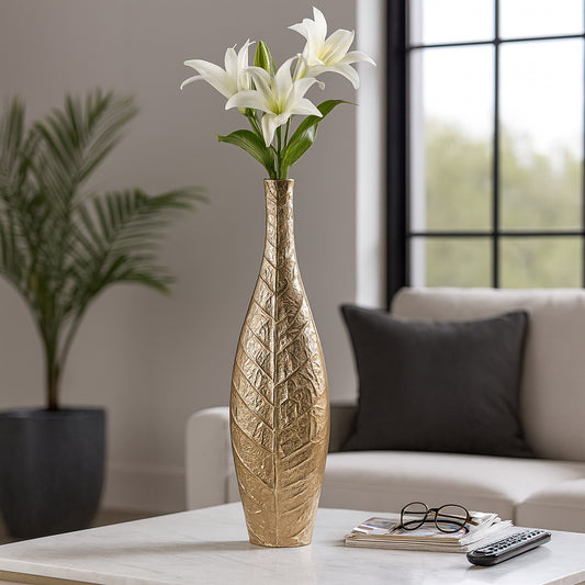 Decorative Metal Leaf Vase for Living Room Decor - Elegant Flower Vase for Bedroom, Entryway, and House - Contemporary Home Decor Accent for Office Styling and Tabletop Centerpiece Decor - 28" Gold