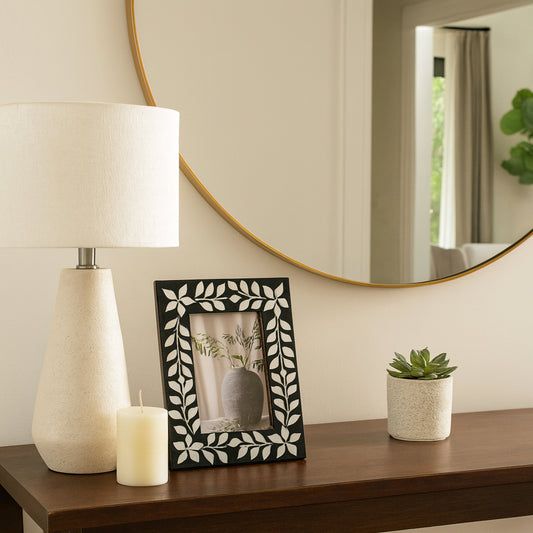 Photo Frame for Tabletop Decor – Picture Frame with Mother of Pearl Inlay and Leaf Vine Design Perfect for Travel Photos – Decorative Picture Frame for Living Room and Bedroom Decor – 9" Black