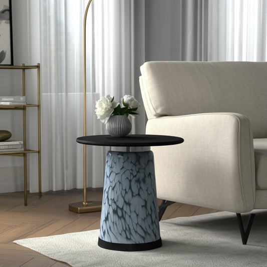 Home Decor Side Table, End Table, or Night Stand - Glossy Bedside Table with Marble Top and Patterned Base for Big or Small Spaces - Effortless Style for Office, Living Room, Bedroom Decor - 18" Blue