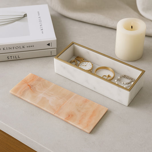 Decorative Box for Home Decor with Lid – Rectangular Home Organizer for Accessories – Long Marble Jewelry and Keepsake Storage Box Ideal for Living Room Decor, Entryway, or Bookshelf – 2" White & Tan