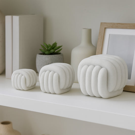 Home and Office Decorative Ornaments – Contemporary Knot Sculptures for Living Room, Bathroom, or Shelf Decor – Statues for Living Room That Brings Texture and Charm; Set of 3 – 5", 4", 3" White