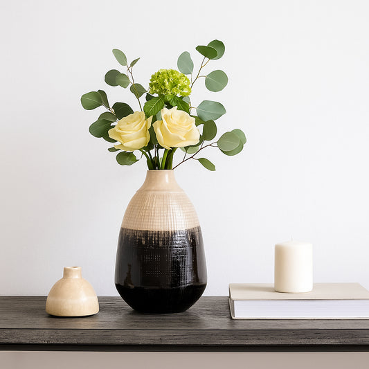 Decorative Two Tone Ceramic Jar with Lid for Living Room Decor - Contemporary Stylish Home Accent for Office Spaces, Coffee Table, and Bedroom - Elegant Flower Vase for House Decor - 12" Beige & Black