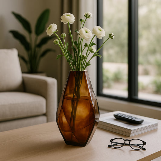 Decorative Large Geometric Glass Vase for Living Room Decor - Contemporary Flower Vase for Bedroom, Office Accent, and Home Decor - Stylish House and Table Sculptural Decoration - 12" Brown