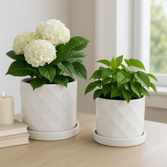 Ceramic Flower Pots and Planters for Home Decor – Indoor or Outdoor Plant Pots with Diamond Texture – Planters for Herbs or Orchids – Contemporary Pots for Indoor Plant Stands;Set of 2 – 10", 9" White