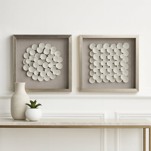 Home Decor Wall Art for Living Room – Modern Polyresin Petal Shadow Box with Wood Base Perfect as Canvas or Framed Wall Art – Perfect for Dining Room Hanging Wall Decor Set of 2 – 20" White & Brown