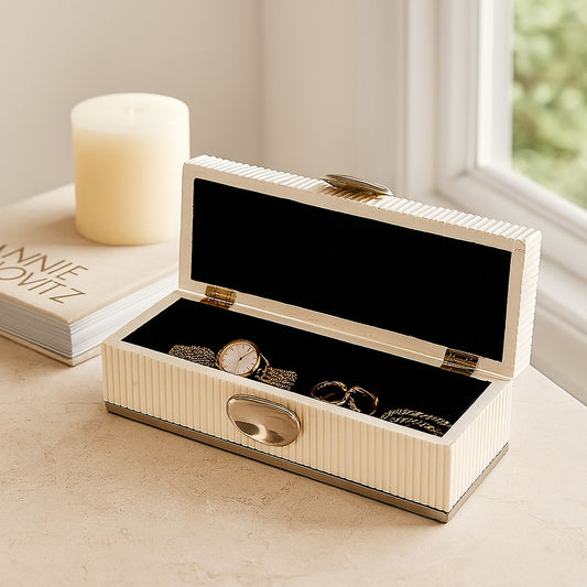 Decorative Box for Home Decor with Lid – Long Jewelry and Keepsake Storage Box with Metal Handle – Contemporary Home Organizer Perfect for Bookshelf, Coffee Table, or Living Room Decor – 6" Cream