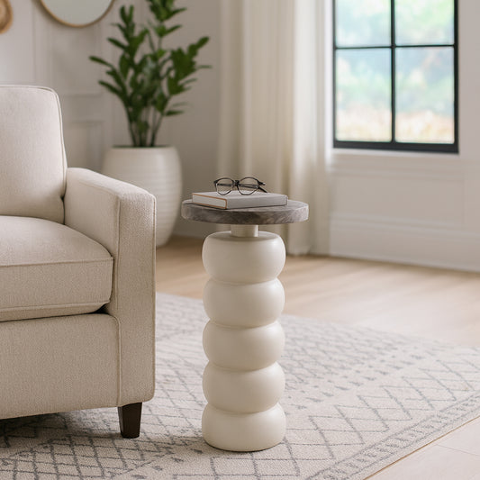 Tall End Table, Side Table, or Night Stand for Home - Stacked Ring Pedestal Base with Wood Top for Perfect Small Spaces - Artistic Accent Table for Bedroom or Living Room Decor - 22" White & Brown
