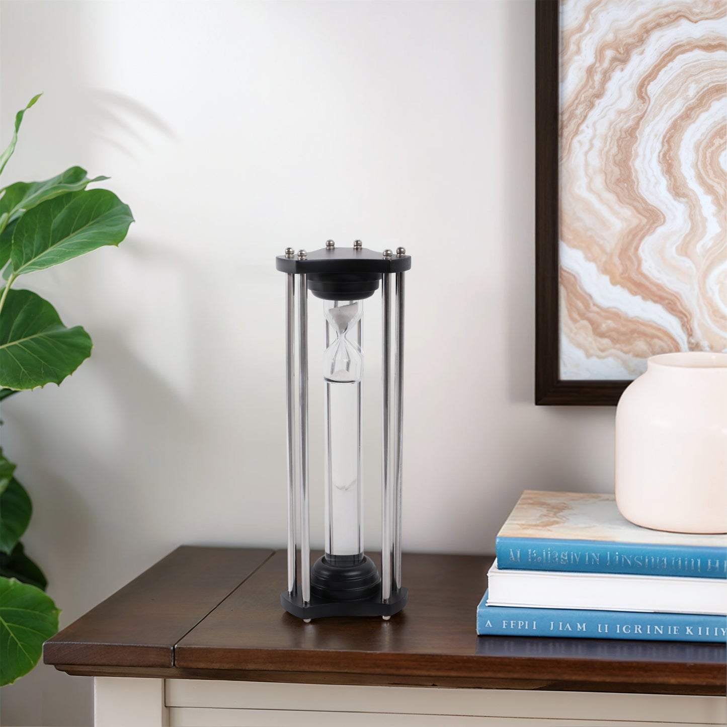 Decorative Object Wood Glass Metal Hourglass Sand Timer Modern Cylinder Frame for Home Office Bedroom - 13" Black