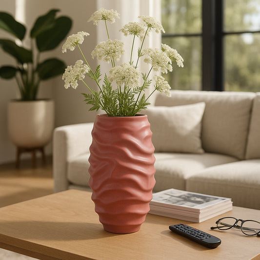 Modern Textured Vase with Woven Pattern for Living Room Decor - Contemporary Decorative Flower Vase for Bedroom, Home Accent, and Office - Sculptural Accent for Console Table or House Decor - 14" Red