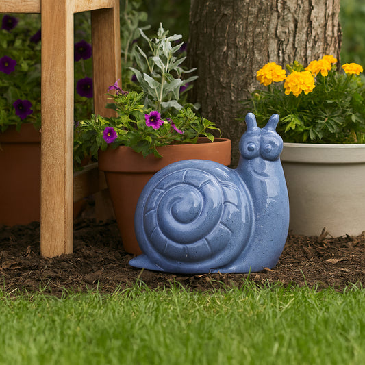 Garden Statuary Snail Figurine Pottery Clay Whimsical Design for Indoor Outdoor Home Garden Decor Accent Sculpture Ornament Unique Gift Idea - 8" Blue