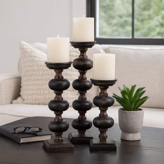 Decorative Pillar Candle Holders for Home Decor – Metal Set of Candlestick Holders for Centerpieces for Tables, Dining Room, or Mantel - Pair With a Glass Candle Holder – Set of 3; 23", 19", 14" Black